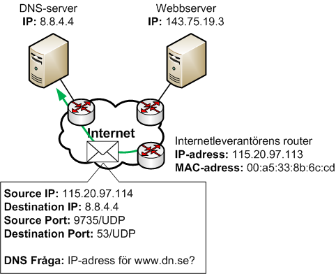 DNS-frågan routas över internet mot DNS-servern